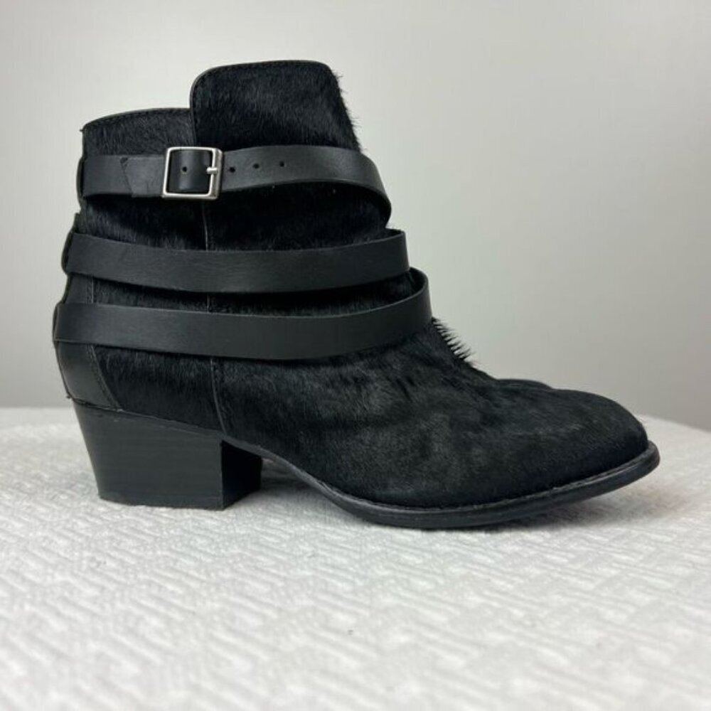 Matiko Black Calf Hair Ankle Bootie 6.5 Buckle Strap Block Heel